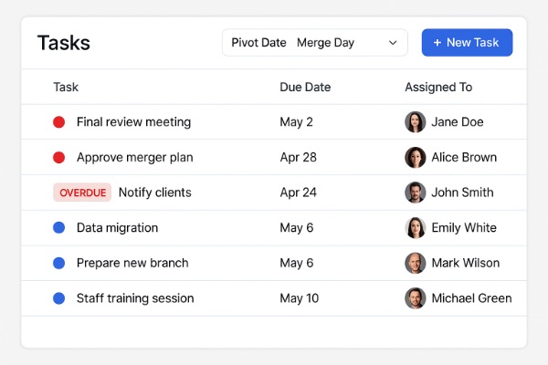 Task dashboard showing project tasks with due dates, assigned users, and overdue indicators.