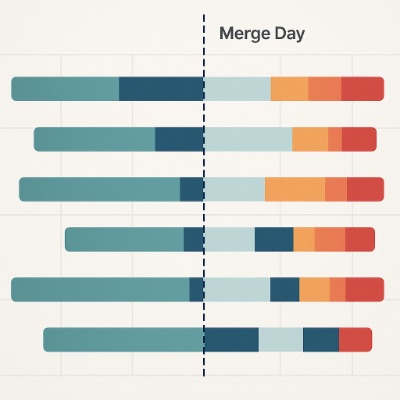 Stacked Gantt chart illustrating multiple projects aligned to a shared pivot date labeled Merge Day.