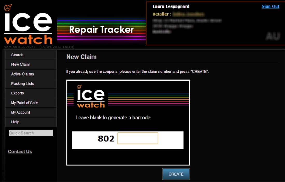 Repair Tracker new-claim screen for an Australian retailer: sidebar with Search, New Claim, Active Claims and Packing Lists, and a barcode number field.