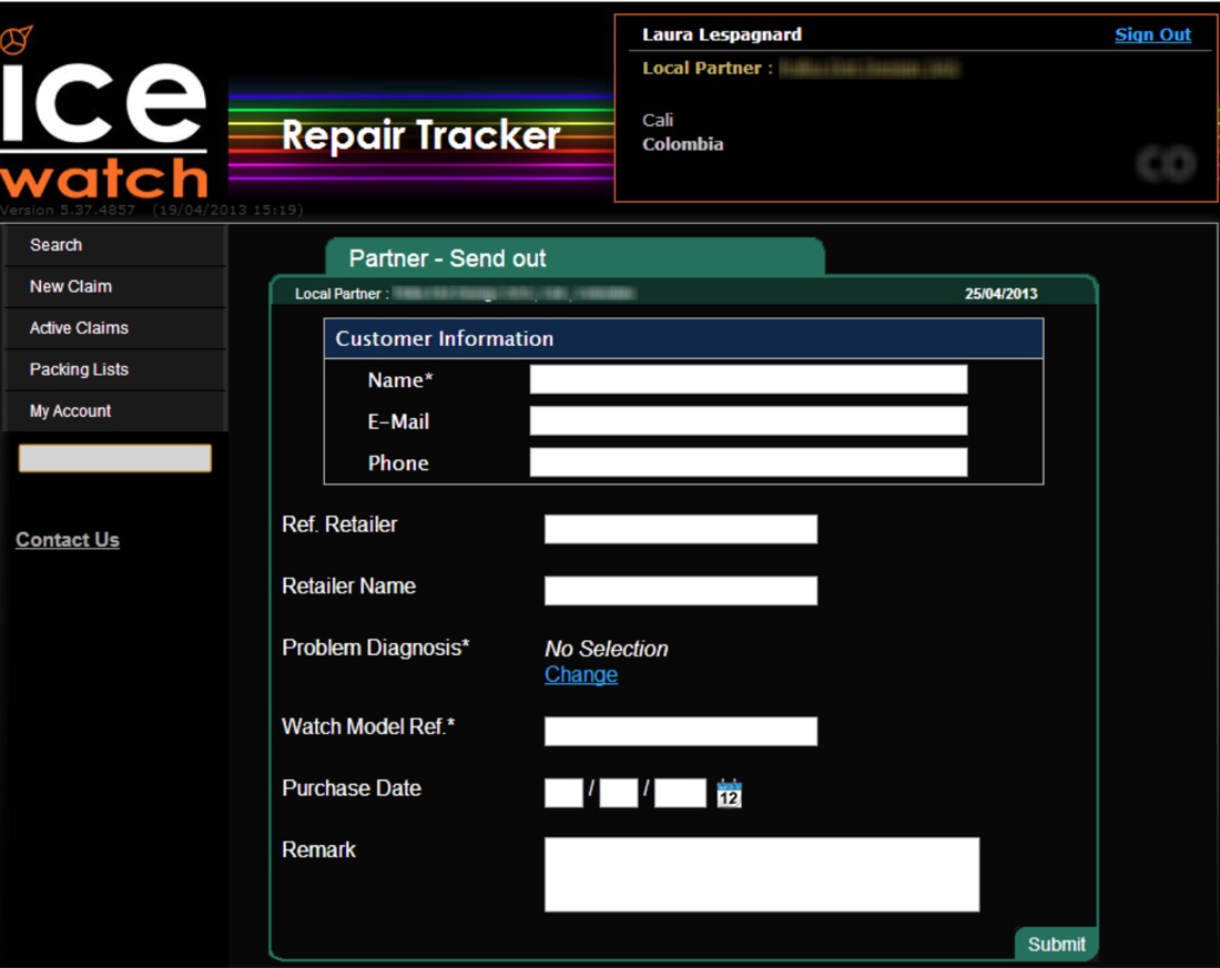 Repair Tracker partner send-out form for a local partner in Colombia: customer information, retailer reference, problem diagnosis, watch model and purchase date.