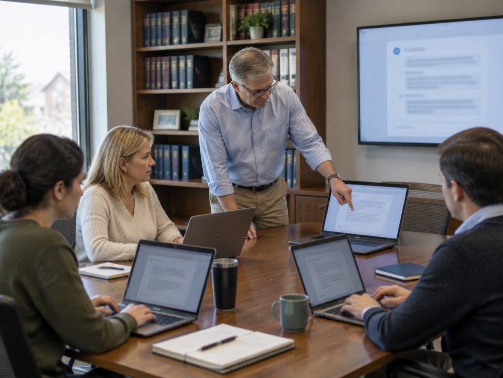 A consultant leading a hands-on Claude workshop with four staff members at their laptops in a small office