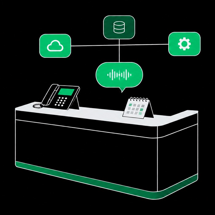 Illustration of a reception desk with a phone and a calendar, an AI voice bubble above it, linked to cloud, database and settings icons